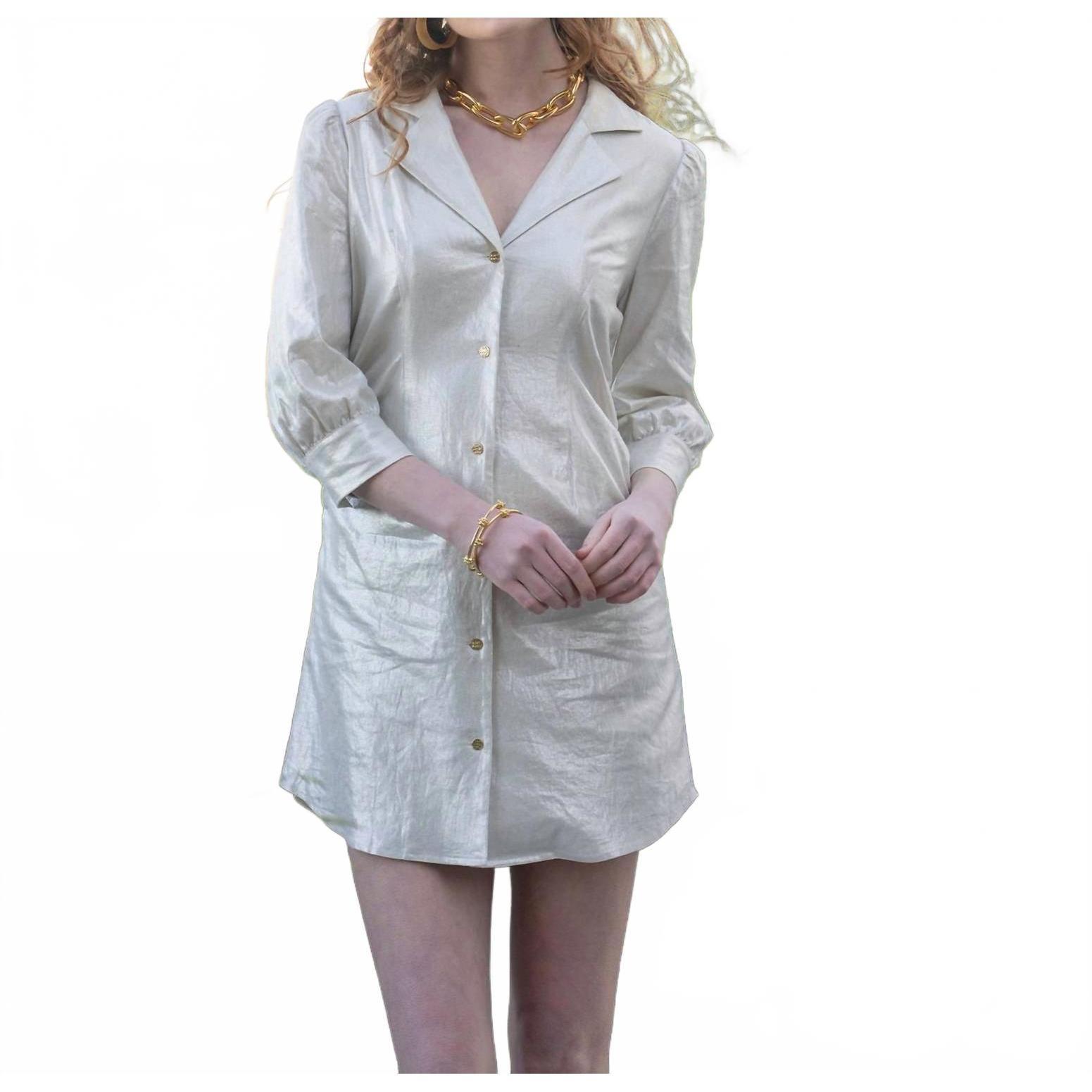 New Emily Mccarthy Metallic Linen Button Front Dress In White